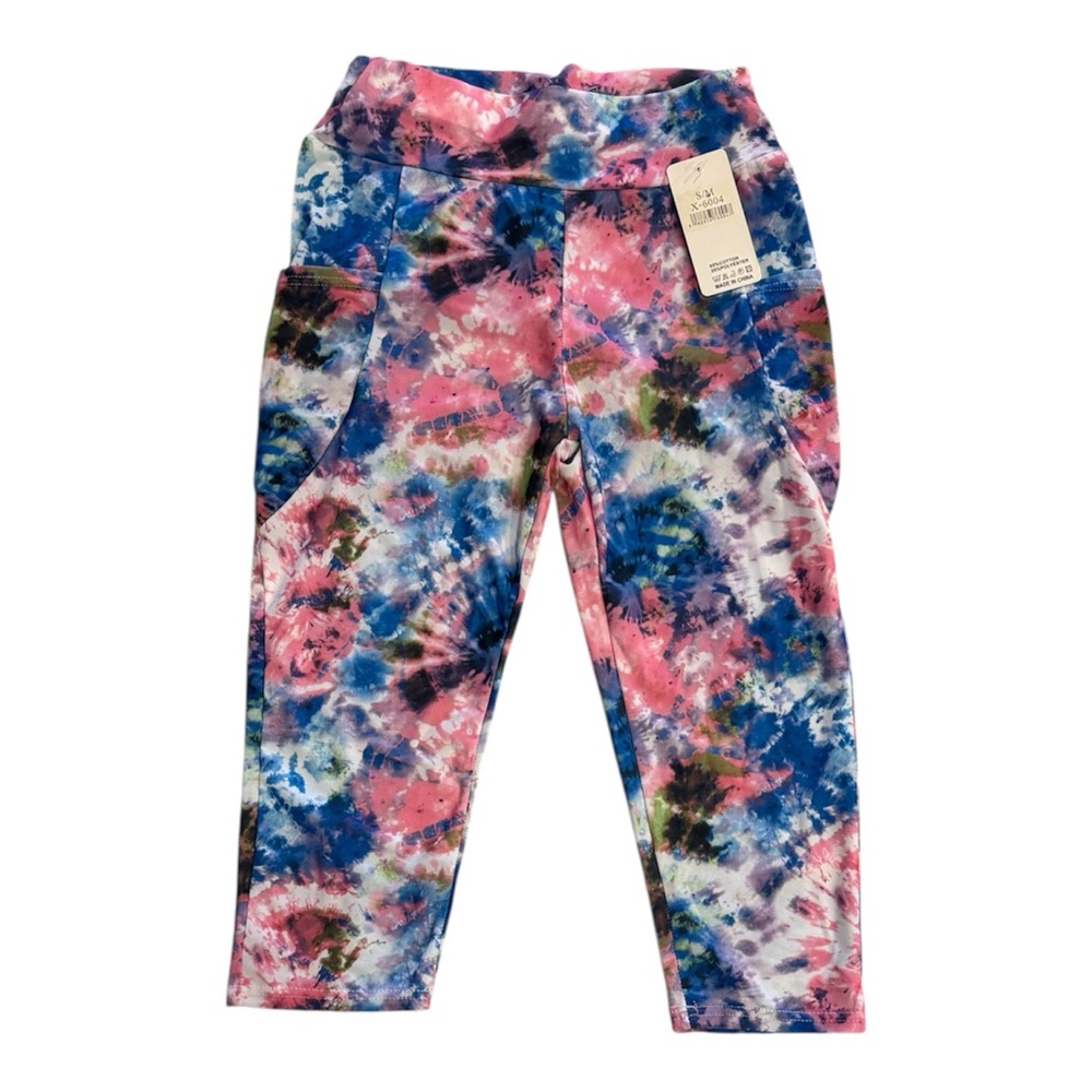 NWT Yuna Fashion Tie-Dye Capri Leggings Pockets S/M Scrunch Pink Blue